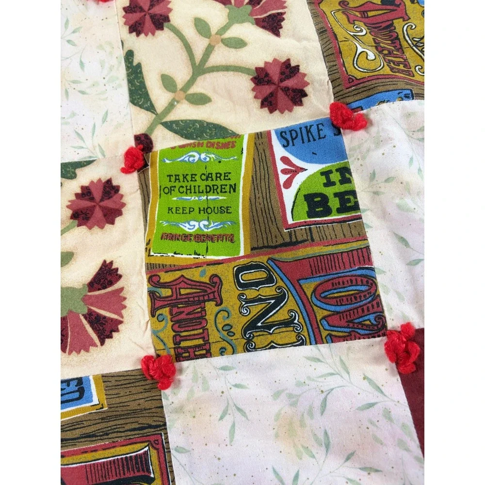 Handmade Vintage Style Patchwork Tied Quilt Floral Typography Lap Blanket 42x38